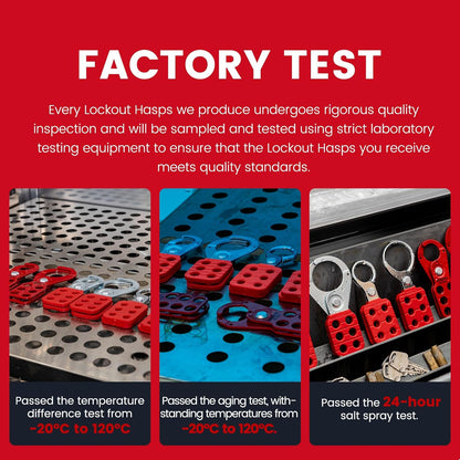 OSHA Compliant LOTO lockout hasp, red and silver metal, factory testing process by BOZZYS Factory