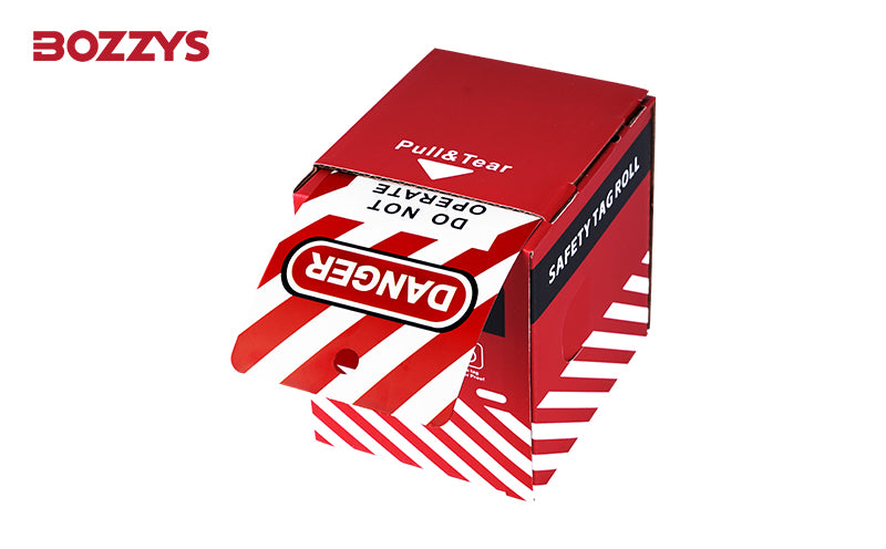 OSHA Compliant LOTO safety tag roll, red and white cardboard dispenser, by BOZZYS Factory