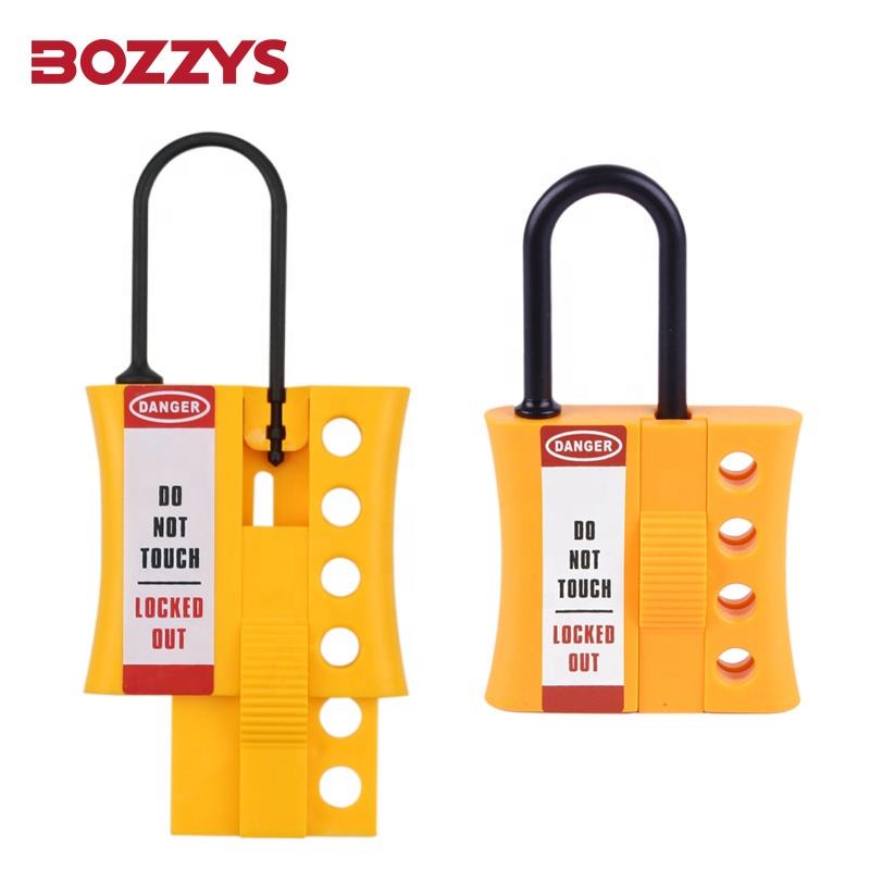 OSHA Compliant LOTO yellow plastic lockout hasp with metal shackle, by BOZZYS Factory