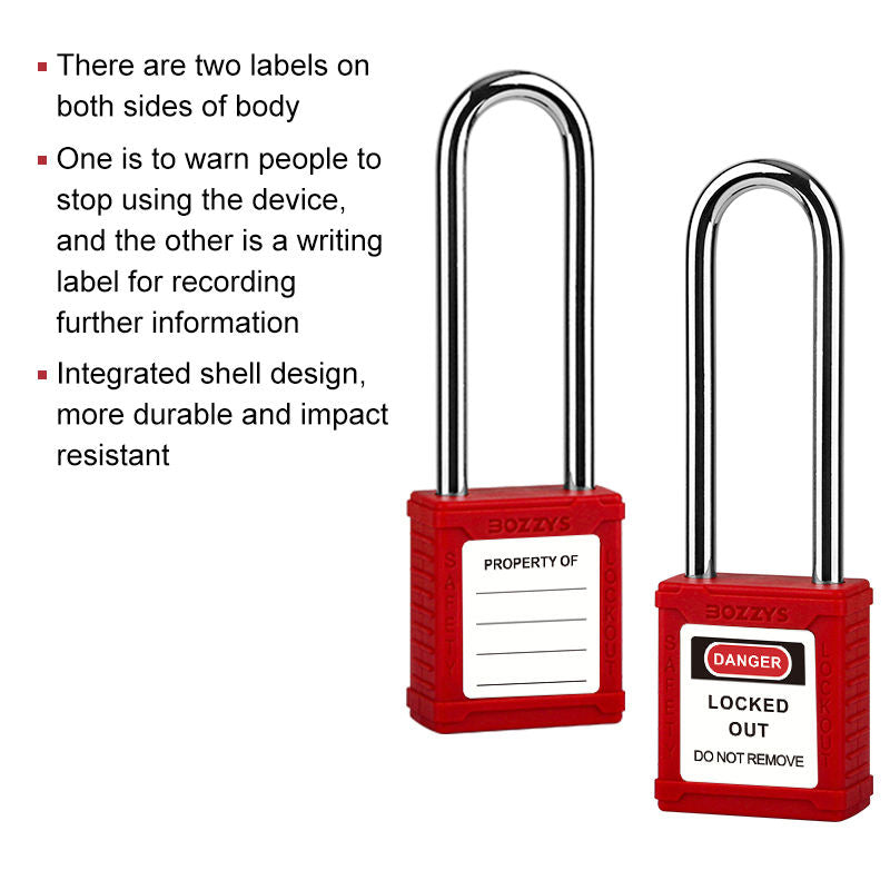 Long shackle LOTO padlock 76mm, key-retaining function, industrial safety lock, BOZZYS