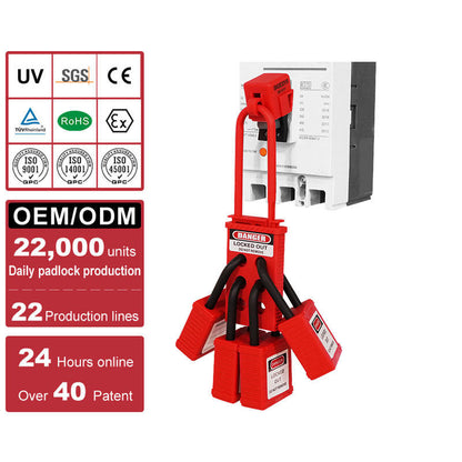 OSHA compliant LOTO red plastic hasp with safety padlocks on circuit breaker by BOZZYS Factory