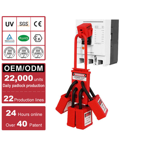 OSHA compliant LOTO red plastic hasp with safety padlocks on circuit breaker by BOZZYS Factory