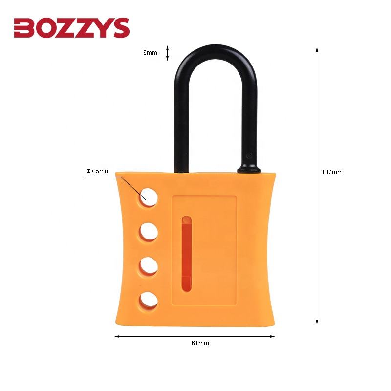 OSHA Compliant LOTO safety lockout hasp, orange plastic body, black shackle, by BOZZYS Factory