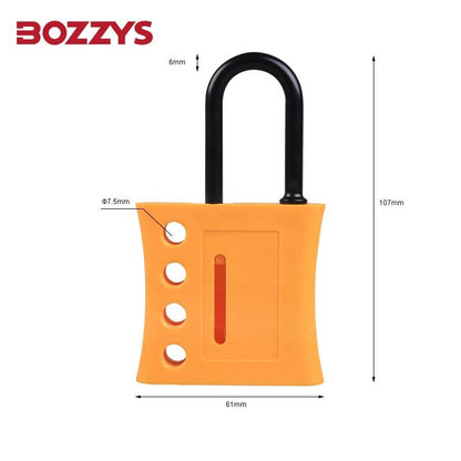 OSHA Compliant LOTO safety lockout hasp, orange plastic body, black shackle, by BOZZYS Factory