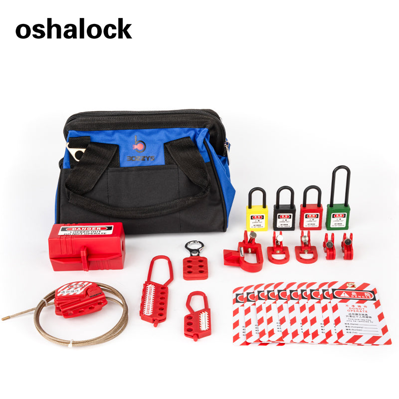 OSHA Compliant LOTO kit with red safety padlocks, tags, hasps, valve lockout, and carrying bag by BOZZYS Factory