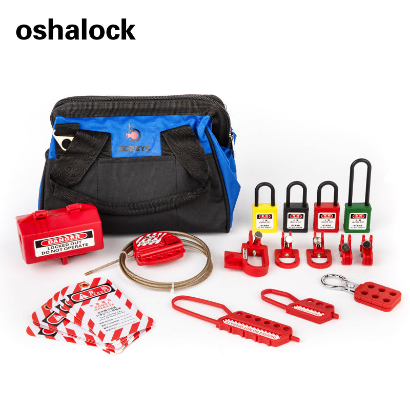 OSHA Compliant LOTO lockout kit with padlocks, red safety hasps, and blue carrying bag by BOZZYS Factory
