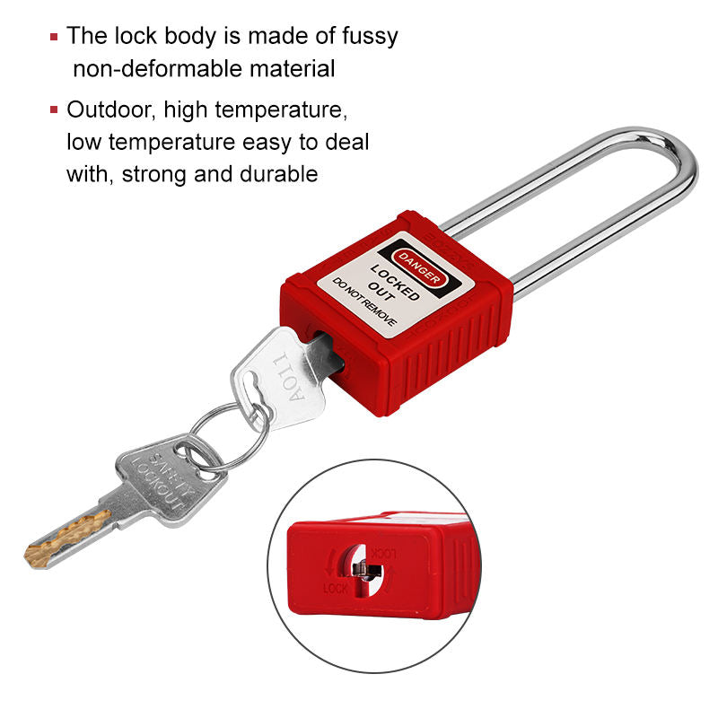 Long shackle LOTO padlock 76mm, red nylon body with steel shackle, BOZZYS