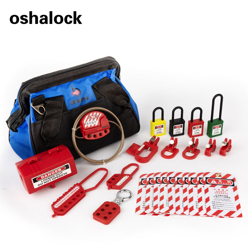 OSHA Compliant LOTO lockout tagout kit with safety padlocks, red lockout devices, tags, and blue carrying bag, by BOZZYS Factory