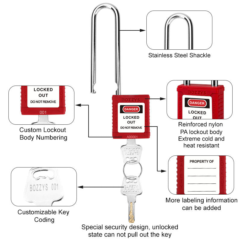 Long shackle LOTO padlock 76mm, multiple colors, non-conductive insulated body, BOZZYS