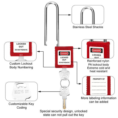 Long shackle LOTO padlock 76mm, multiple colors, non-conductive insulated body, BOZZYS