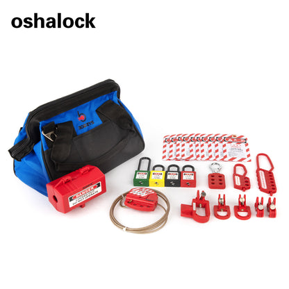 OSHA Compliant LOTO lockout kit with safety padlocks, tags, red lockout devices, and blue carrying bag by BOZZYS Factory