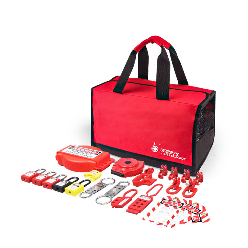 OSHA Compliant LOTO lockout tagout kit with red carrying bag, padlocks, and hasps by BOZZYS Factory