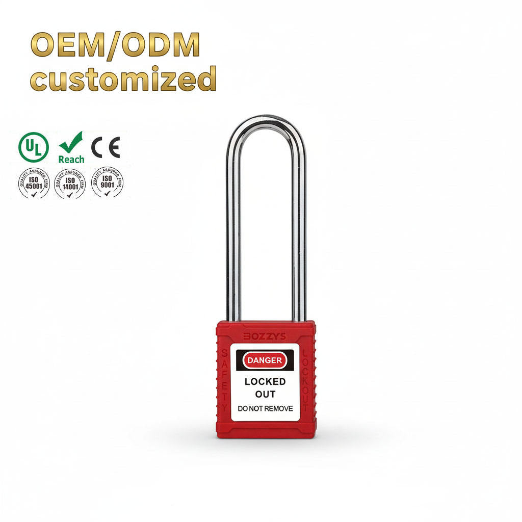 Long shackle LOTO safety padlock 76mm, red nylon body, extended reach, OSHA compliant, BOZZYS