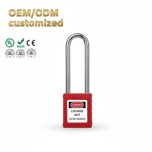 Long shackle LOTO safety padlock 76mm, red nylon body, extended reach, OSHA compliant, BOZZYS