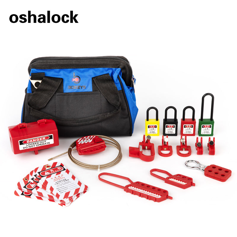 OSHA Compliant LOTO safety kit with padlocks, hasps, lockout tags, red plastic and steel devices, by BOZZYS Factory