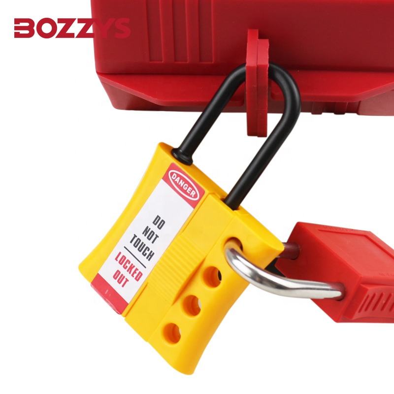 OSHA Compliant LOTO safety padlock, yellow plastic body, red label, by BOZZYS Factory
