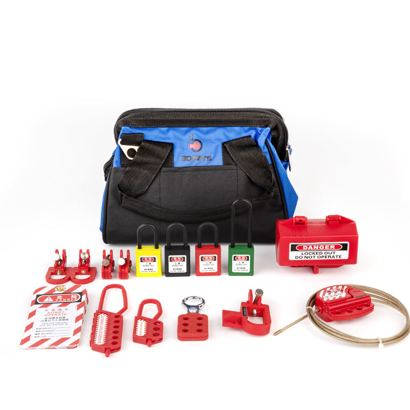 OSHA Compliant LOTO safety lockout kit with padlocks, cable lockout, hasps, red plastic parts, and carry bag by BOZZYS Factory