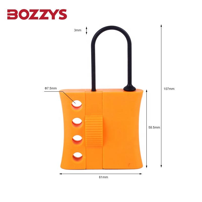 OSHA Compliant LOTO plastic safety lockout hasp, orange with measurements, by BOZZYS Factory