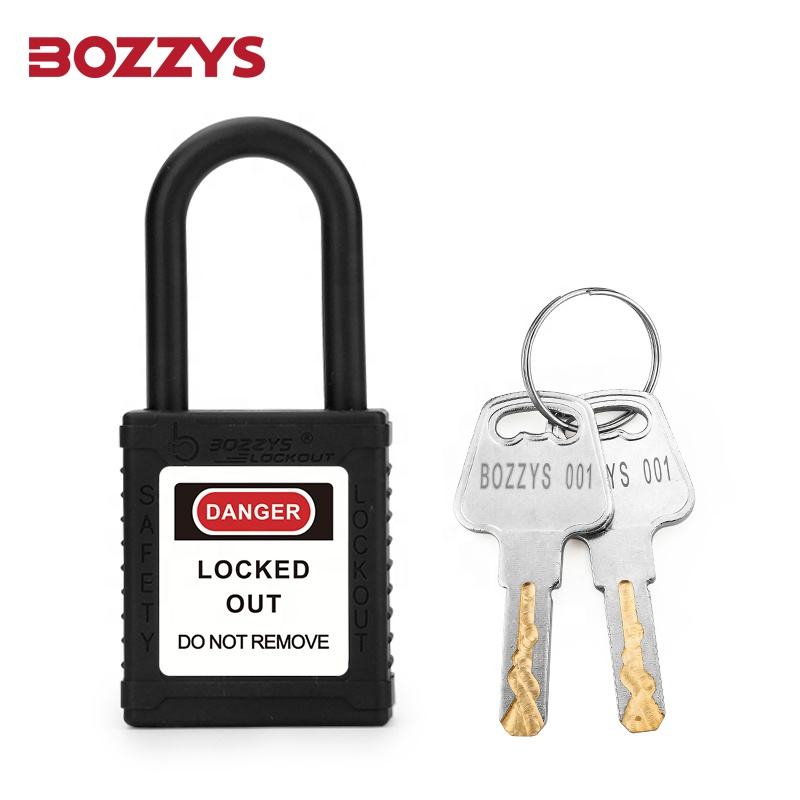 Mini insulated LOTO padlock 25mm, red nylon body with black shackle, key included, BOZZYS