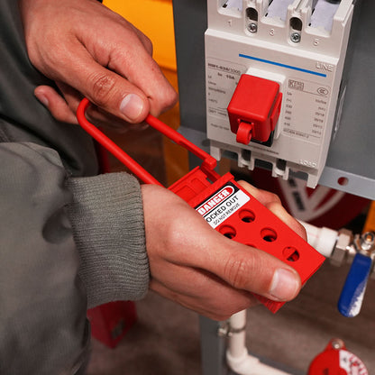 OSHA Compliant LOTO red steel lockout hasp in use for electrical safety by BOZZYS Factory