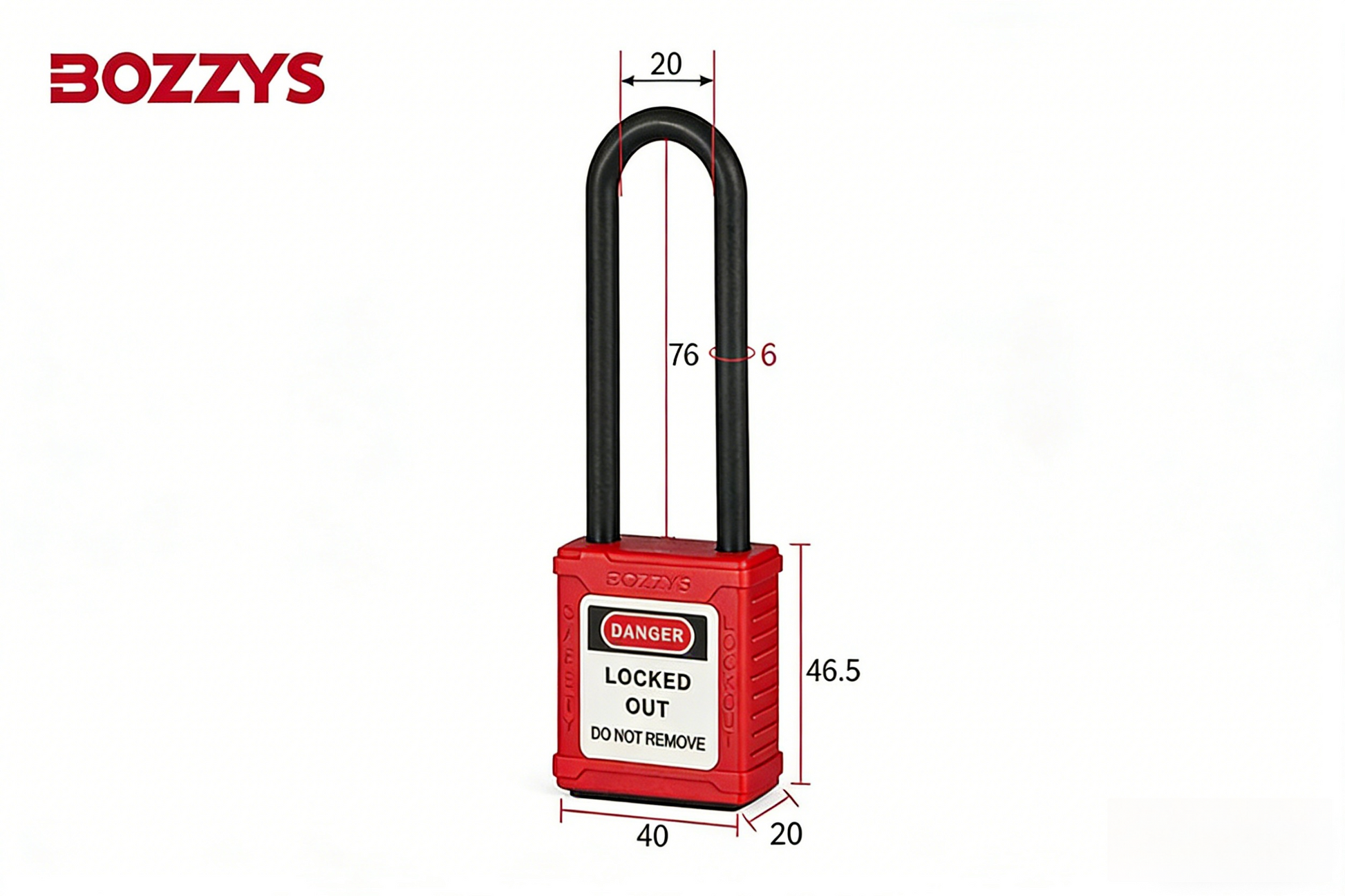 OSHA Compliant LOTO safety padlock, red plastic body, long black shackle, by BOZZYS Factory