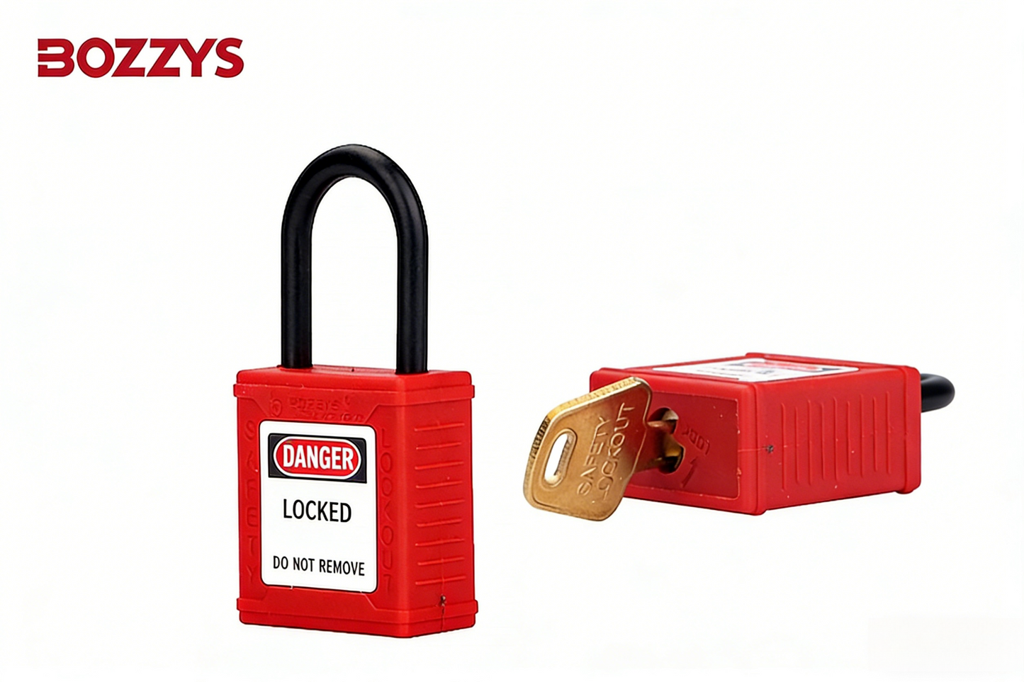 OSHA Compliant LOTO safety padlock, red plastic body, black shackle, by BOZZYS Factory