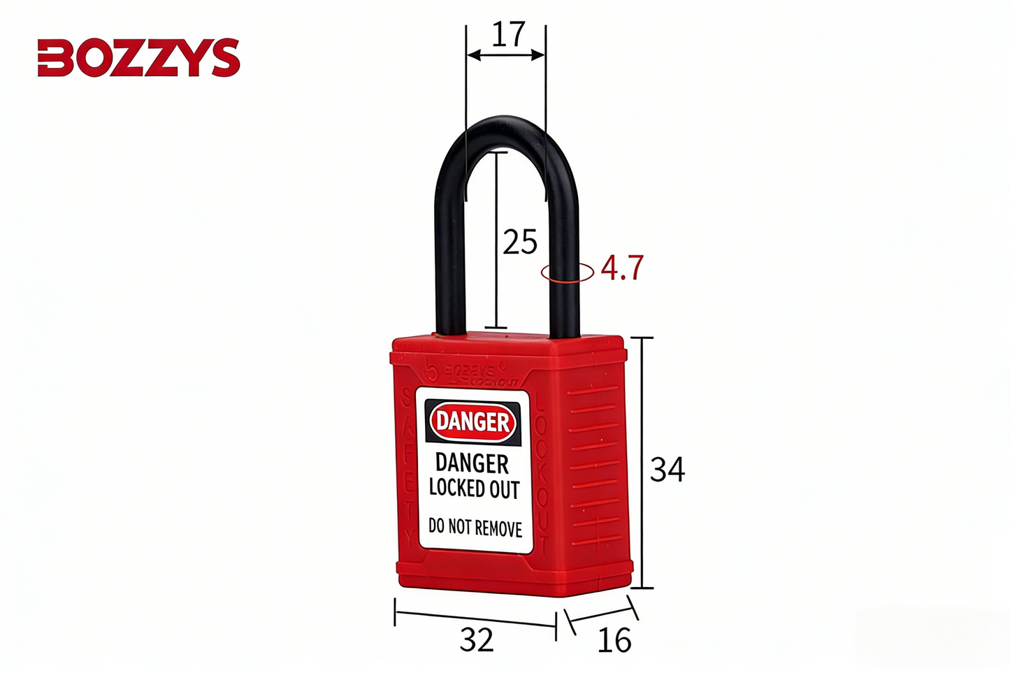 OSHA Compliant LOTO red safety padlock, plastic body, metal shackle, by BOZZYS Factory
