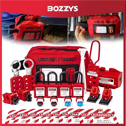 27-piece portable LOTO kit contents laid out, padlocks, breaker lockouts, hasps and tags, BOZZYS