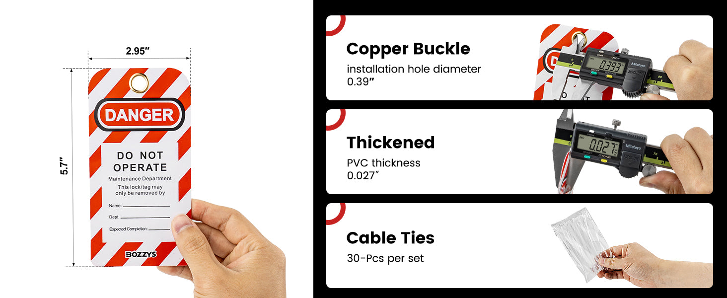 OSHA Compliant LOTO safety tag, thickened PVC material, red white design, copper grommet by BOZZYS Factory
