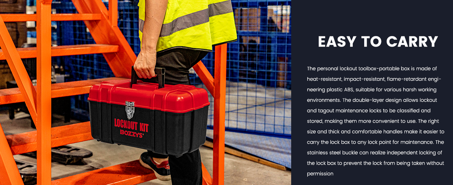 OSHA Compliant LOTO lockout kit toolbox, red and black ABS plastic, carried onsite by BOZZYS Factory