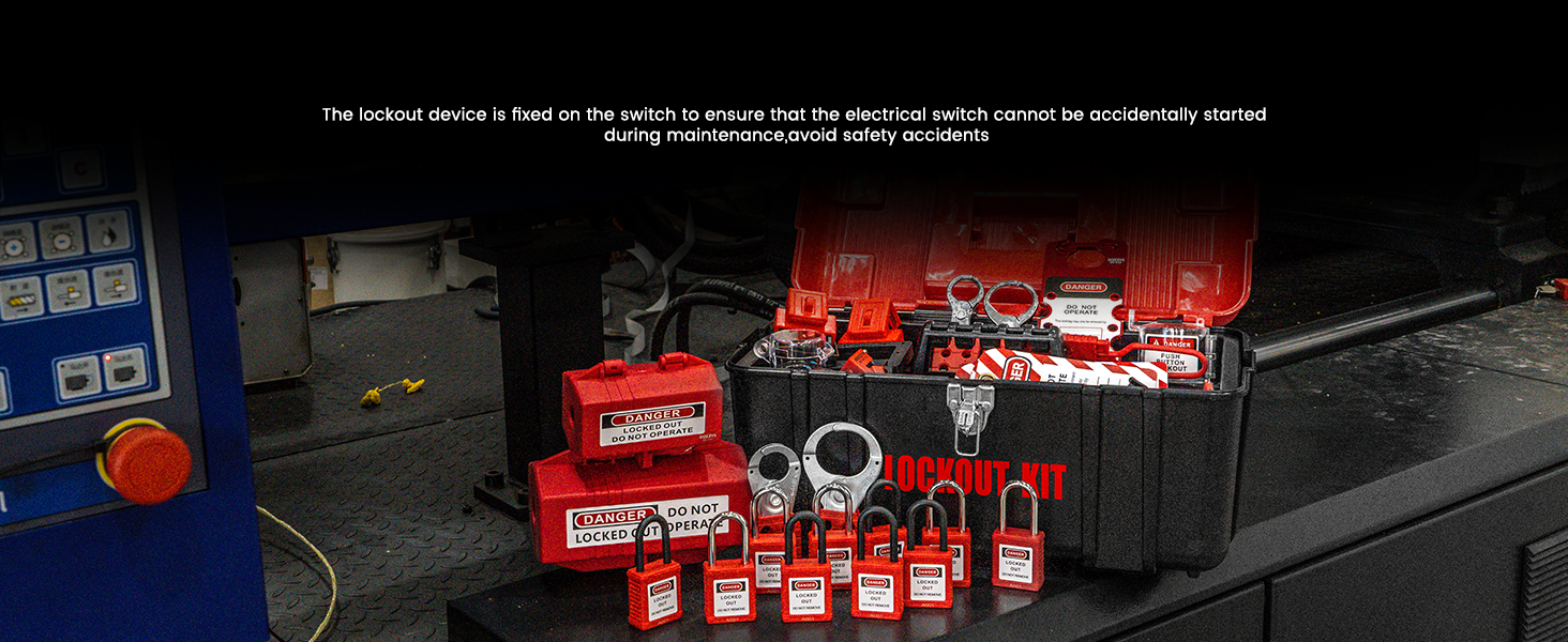 OSHA Compliant LOTO lockout kit with red safety padlocks and devices, plastic and metal, by BOZZYS Factory