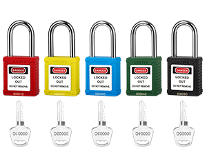 OSHA Compliant LOTO safety padlocks in red, yellow, blue, green, and black with keys by BOZZYS Factory