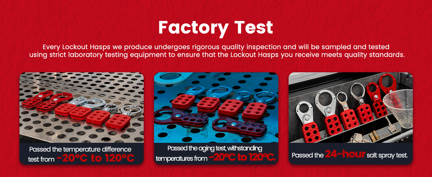 OSHA Compliant LOTO steel and red plastic lockout hasps on testing table, by BOZZYS Factory