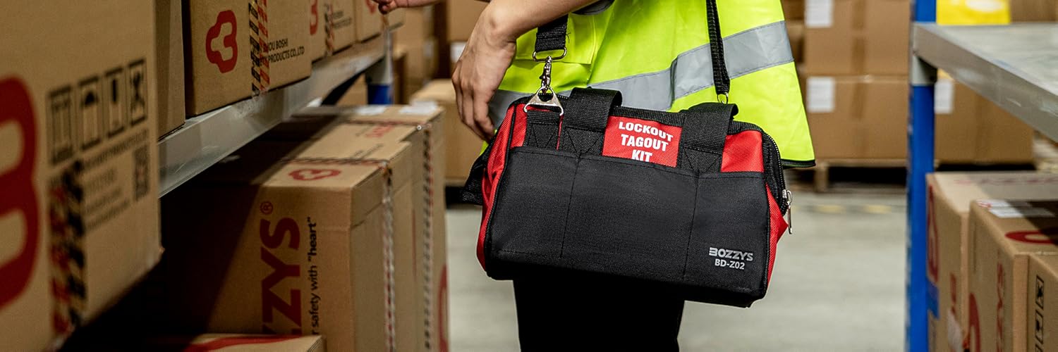 OSHA Compliant LOTO lockout tagout kit, black and red fabric bag, by BOZZYS Factory