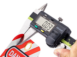 OSHA Compliant LOTO tag, red and white, plastic, thickness measured with caliper by BOZZYS Factory