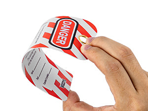 OSHA Compliant LOTO danger tag, durable plastic, red and white stripes, by BOZZYS Factory