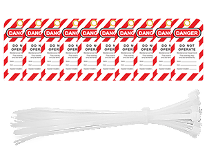 OSHA Compliant LOTO danger tags with white plastic ties, red striped, by BOZZYS Factory